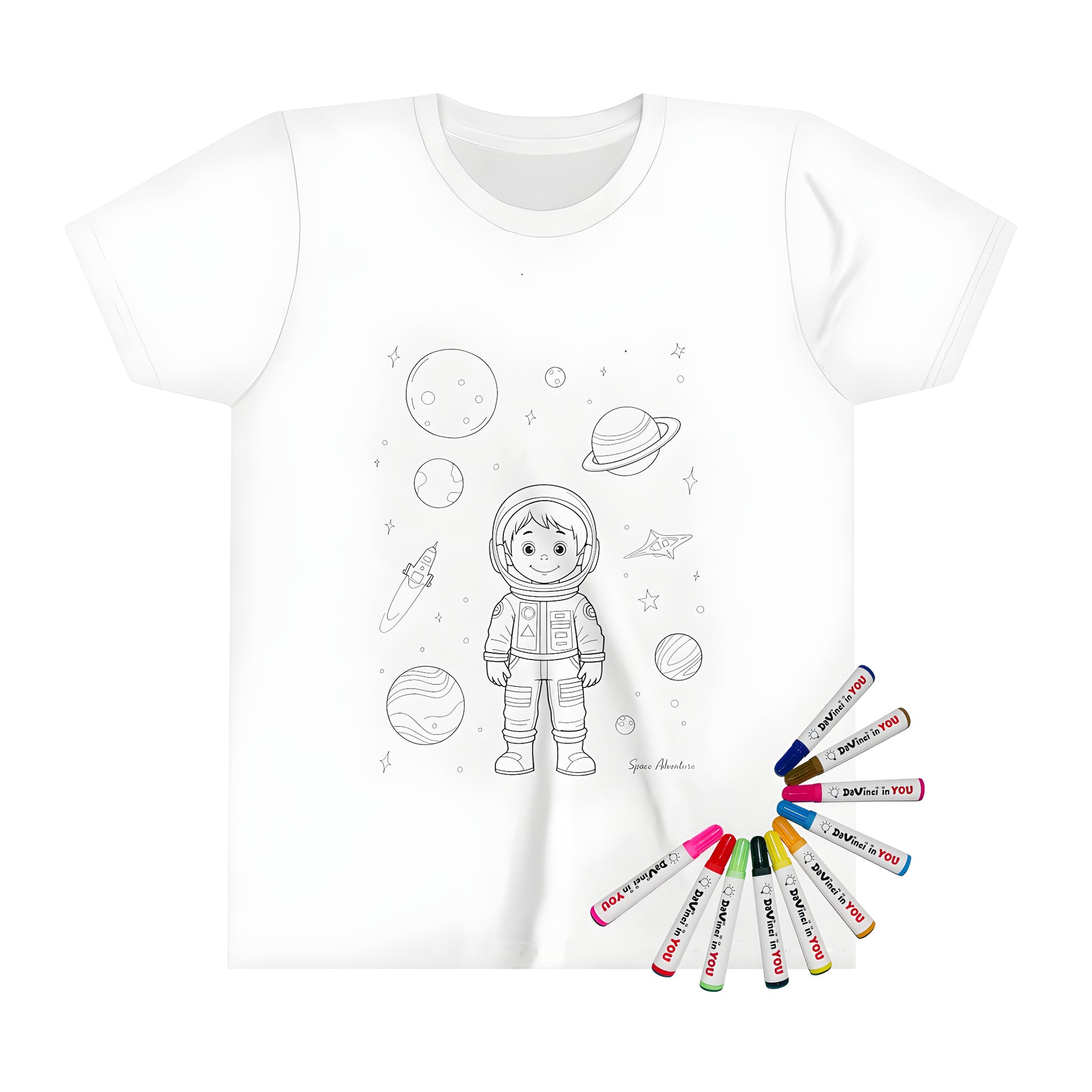 Space-themed kid's t-shirt illustration of a smiling young astronaut surrounded by planets and spaceships