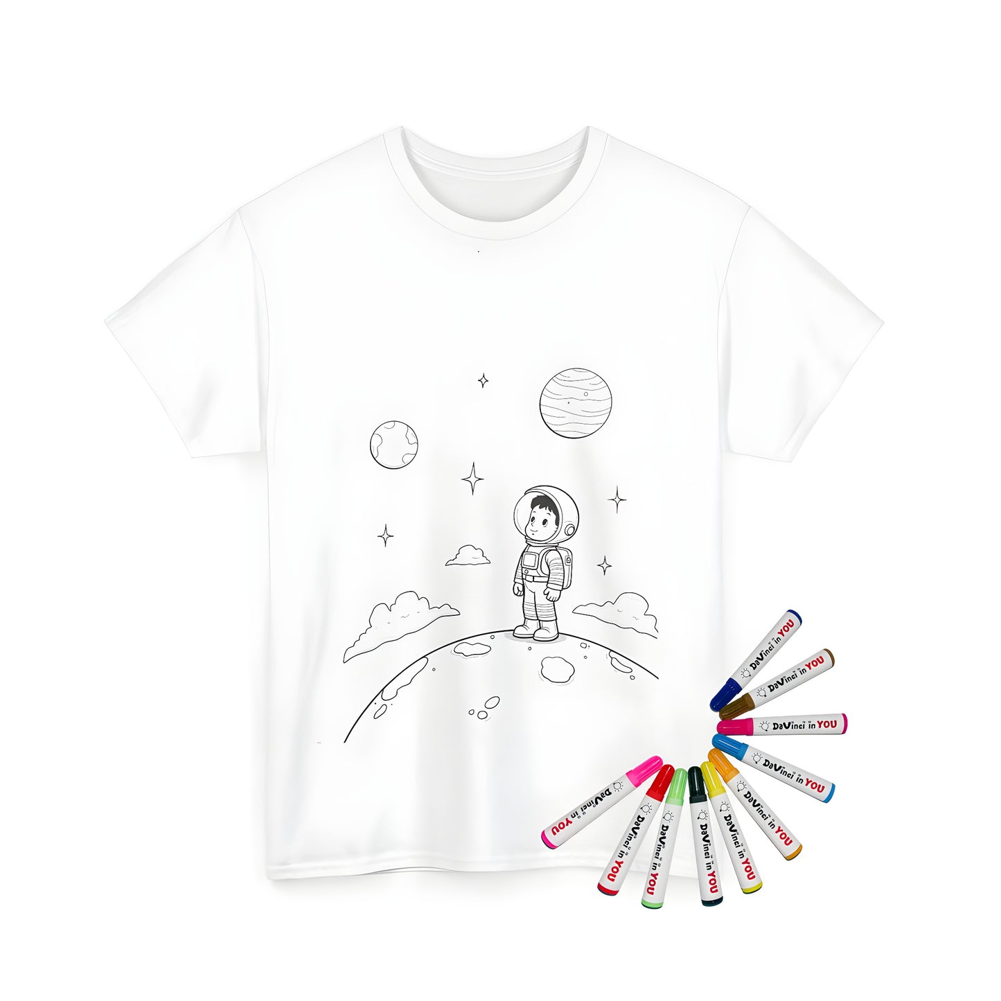 Space Explorer unisex t-shirt for kids and adults, featuring a young astronaut on a planetary surface surrounded by stars