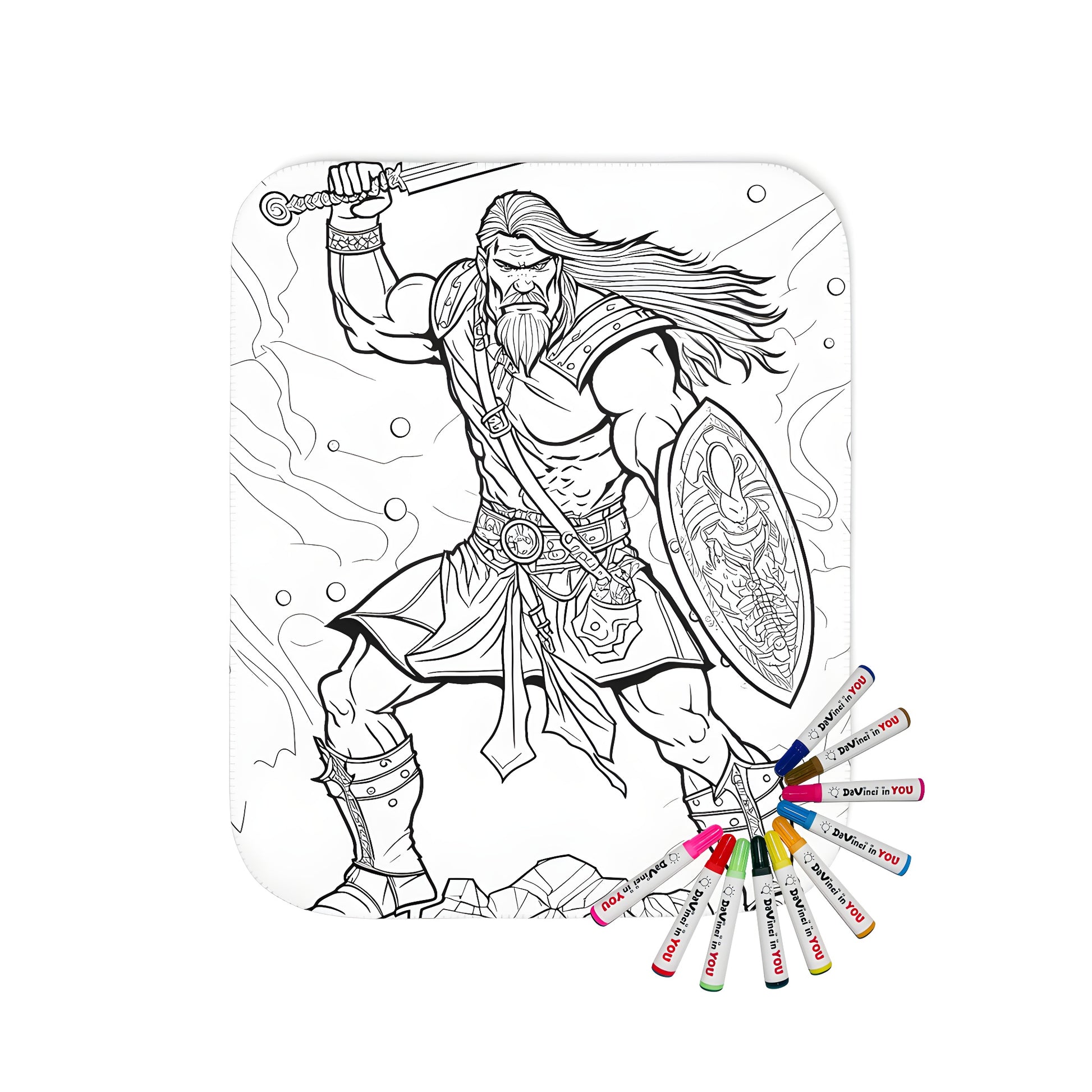 A vibrant, high-quality blanket featuring an illustration of a fierce Norse warrior standing on rocks, wielding a sword and shield. Perfect for fans of Scandinavian history and mythology.