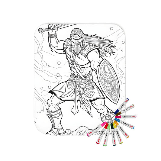 A vibrant, high-quality blanket featuring an illustration of a fierce Norse warrior standing on rocks, wielding a sword and shield. Perfect for fans of Scandinavian history and mythology.