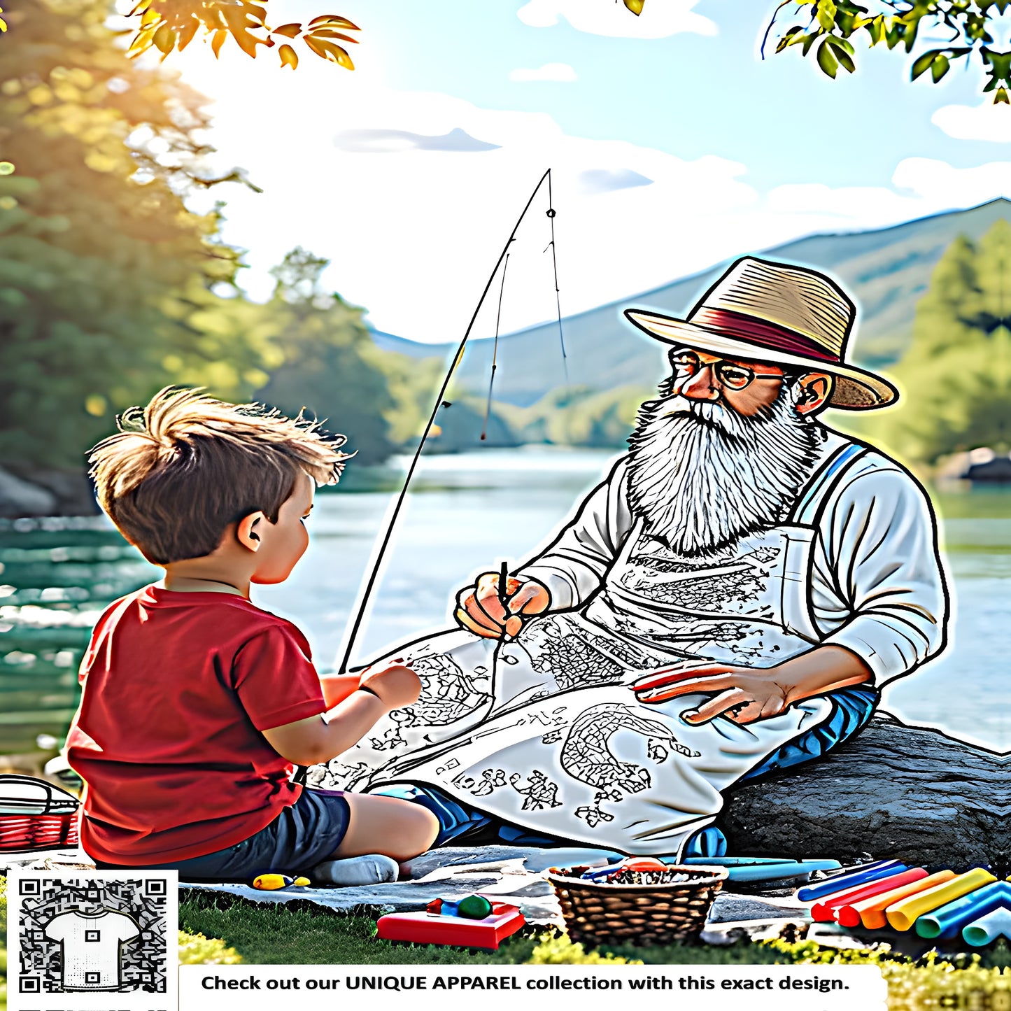 A young boy and elderly man enjoying quality time together while fishing near a serene river on a sunny day, surrounded by nature's beauty. Colorful graphic design featuring family bonding moments, intergenerational connections, shared experiences, and heartwarming relationships.