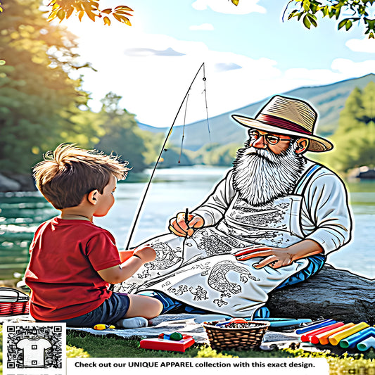 A young boy and elderly man enjoying quality time together while fishing near a serene river on a sunny day, surrounded by nature's beauty. Colorful graphic design featuring family bonding moments, intergenerational connections, shared experiences, and heartwarming relationships.