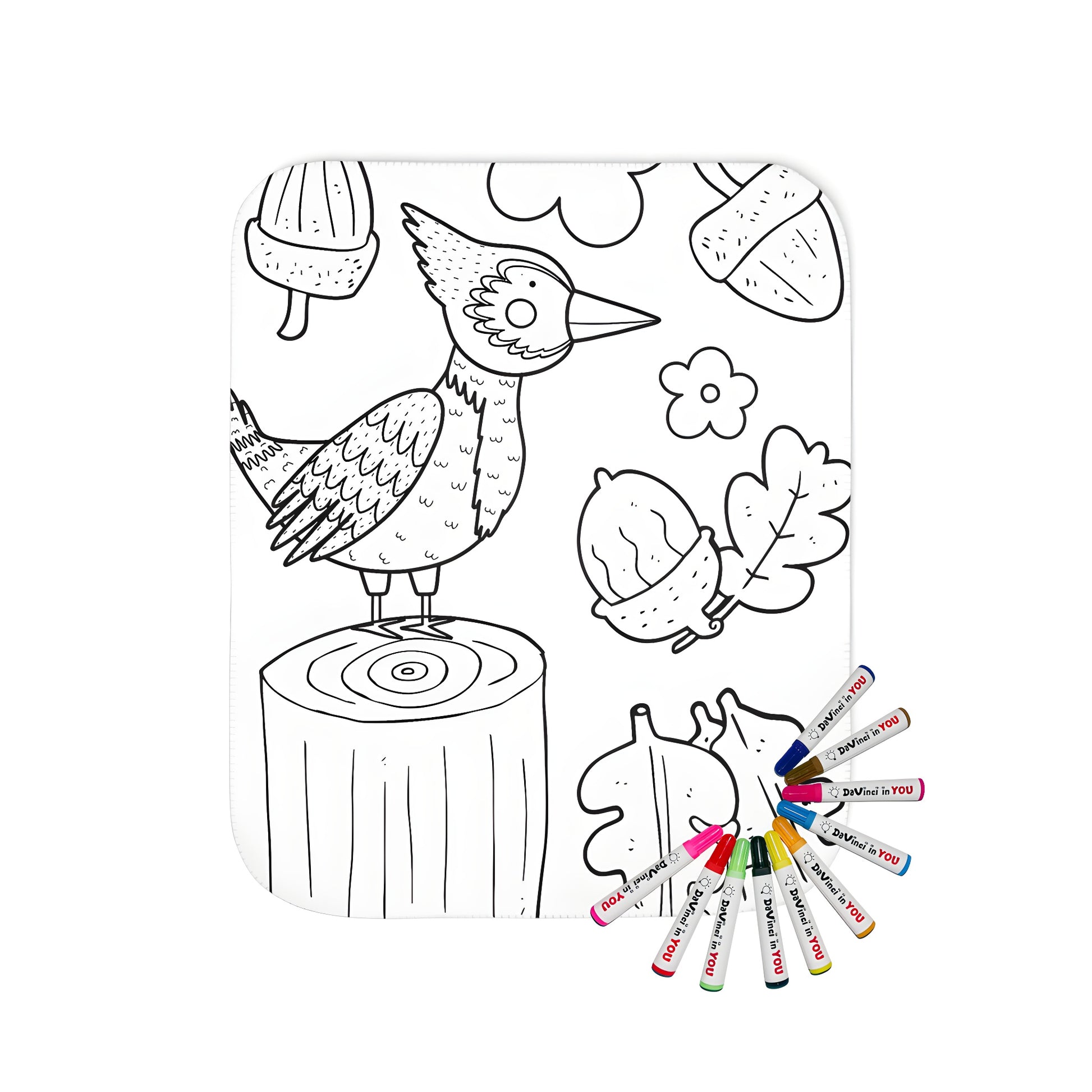 Cozy blanket featuring a colorful cartoon woodpecker design, surrounded by vibrant acorns, leaves, and flowers for a fun adult coloring page print