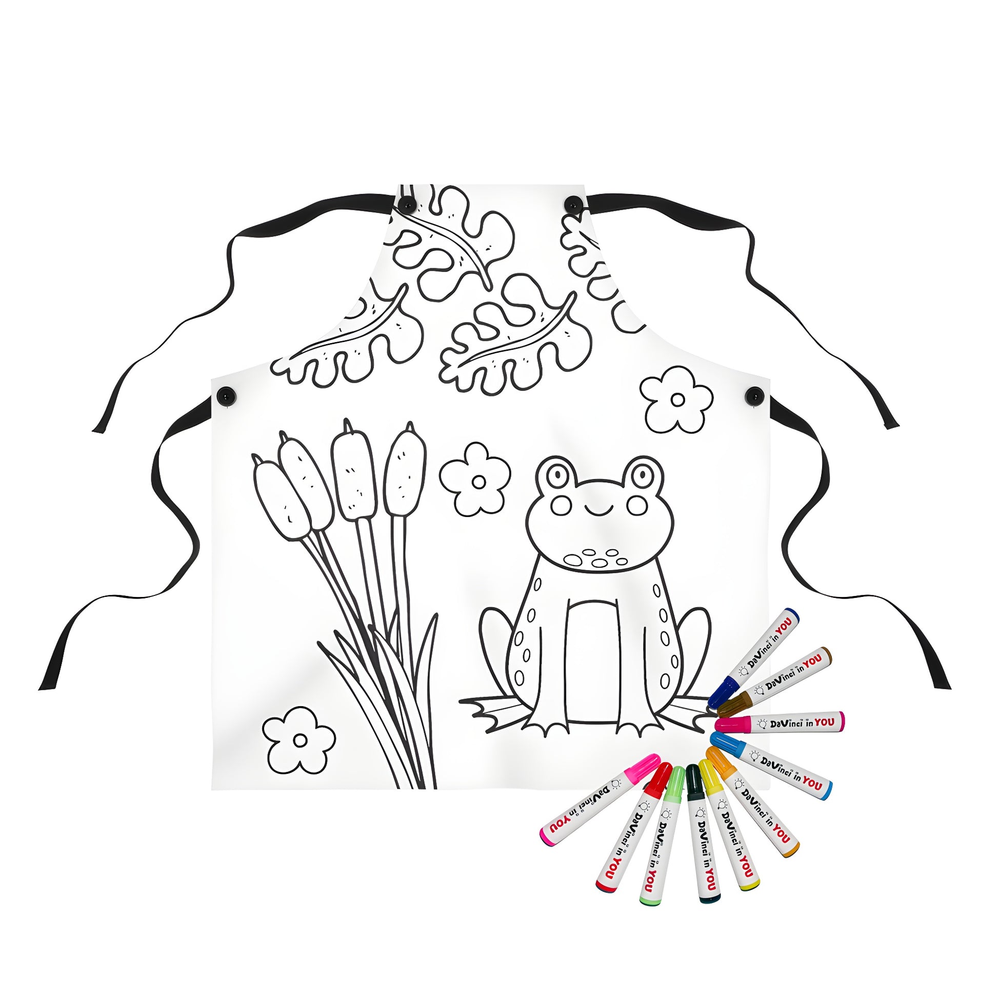 Colorful apron featuring a joyful frog design amidst a whimsical pond scene