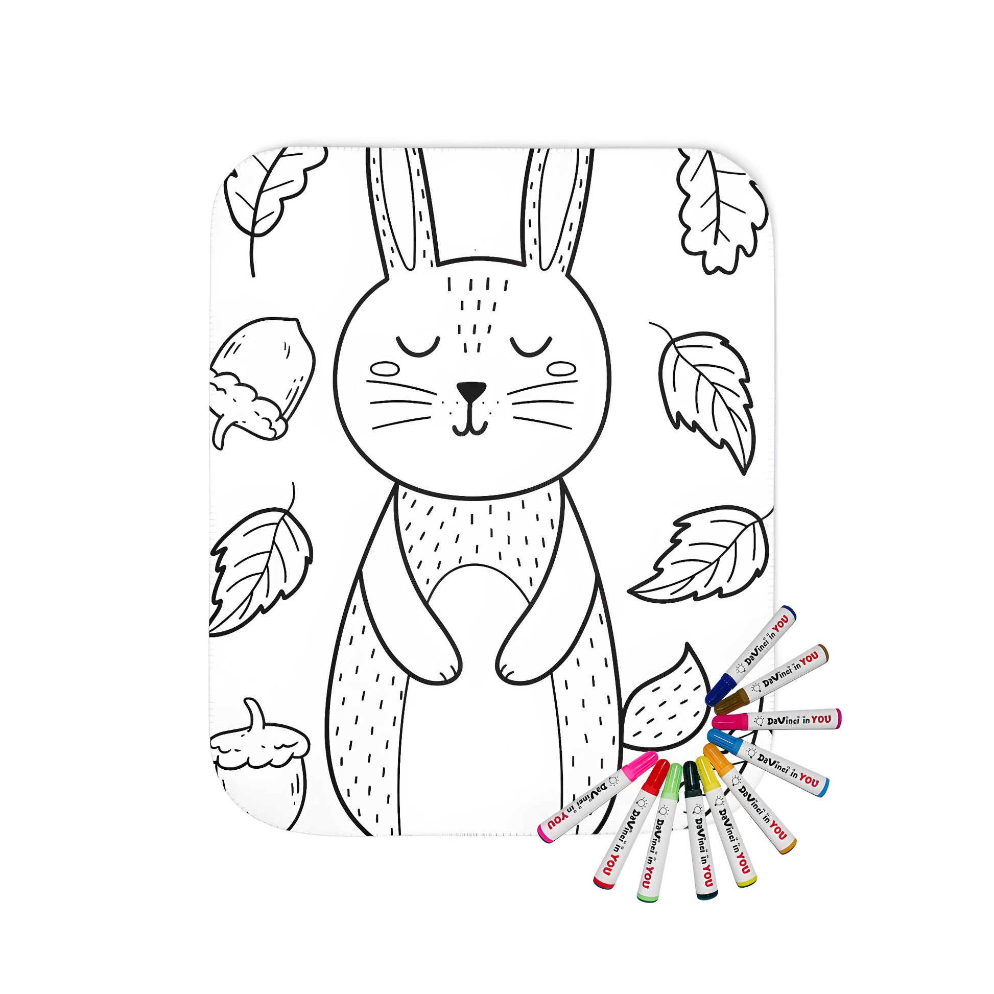 Cozy blanket featuring a cute bunny illustration, surrounded by foliage and forest details