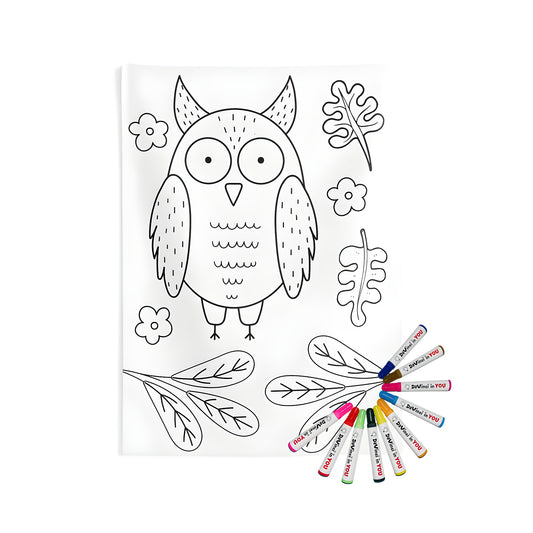 Indoor wall tapestries featuring a cute owl design surrounded by leaves and flowers for adult coloring enthusiasts