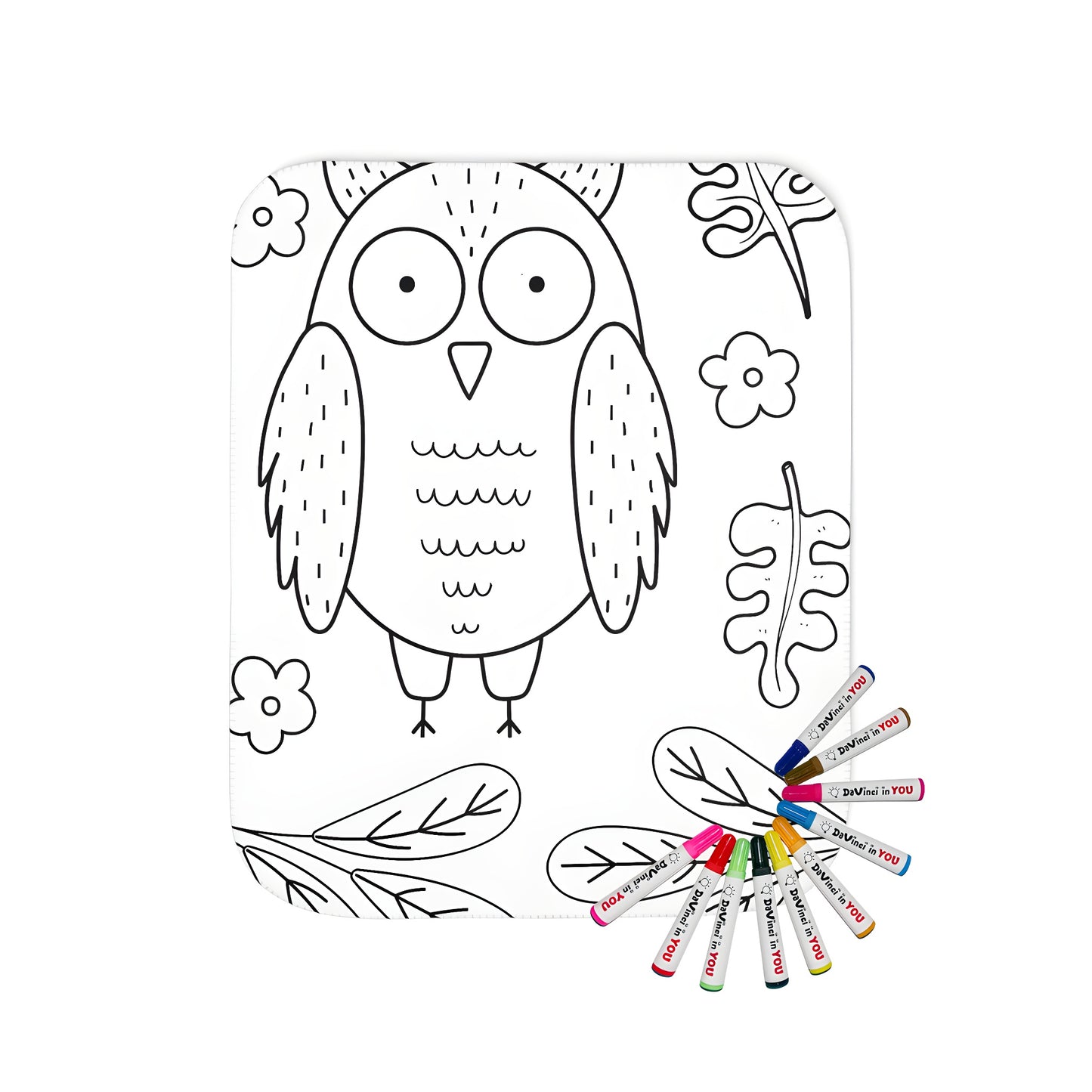 Coloring blanket featuring a cute bird, also known as an owl or a hootie, surrounded by leaves and flowers