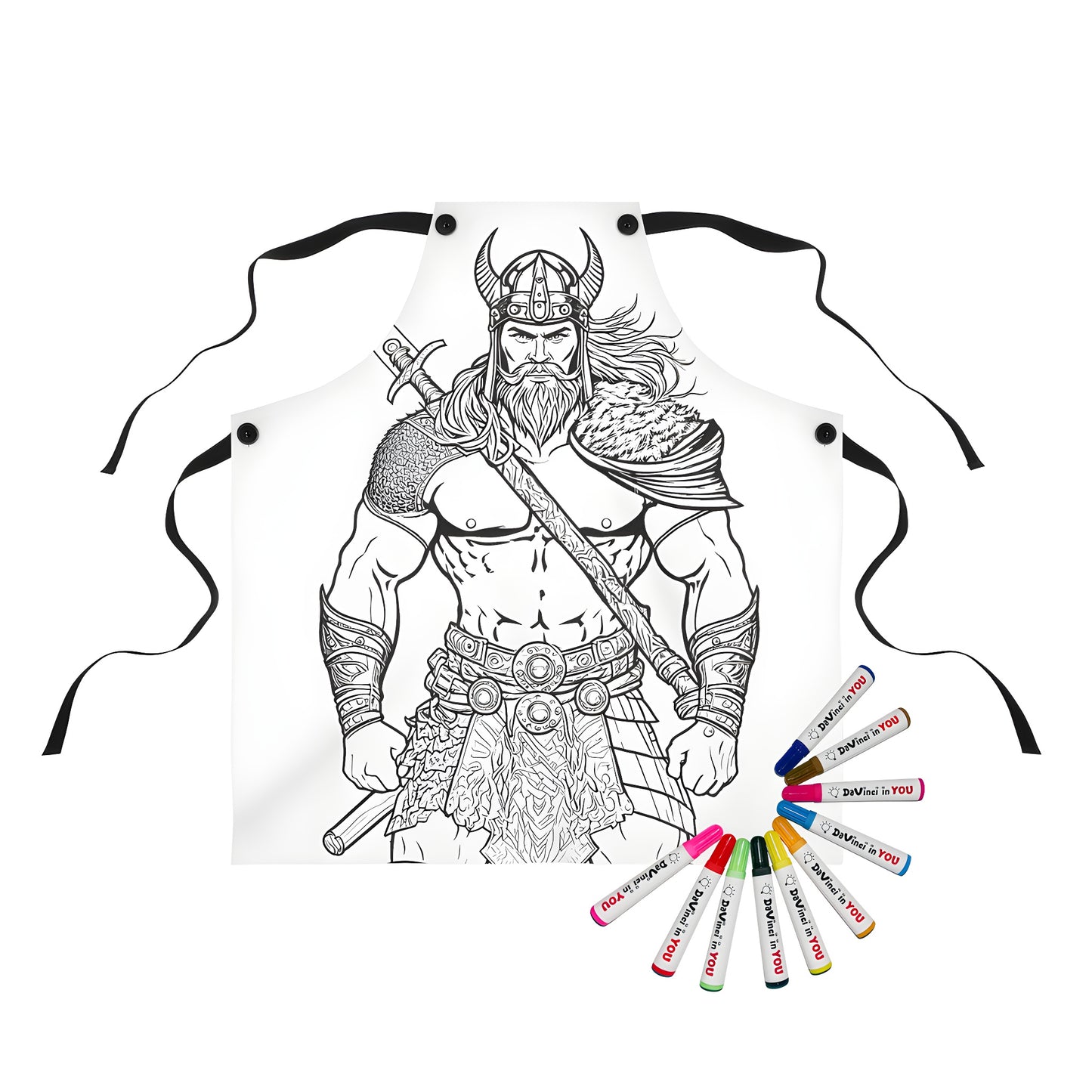Viking warrior apron with 10 fabric markers and coloring page