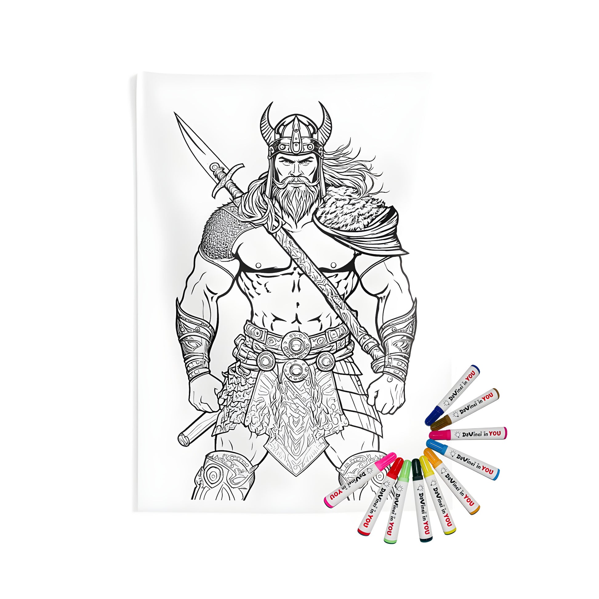 Detailed black and white illustration of a Norse warrior or Northman design on an indoor wall tapestry