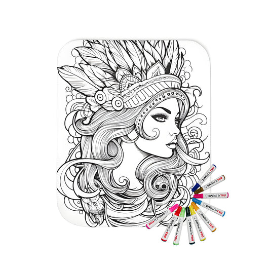 Colorful blanket with detailed portrait design of woman wearing ornate headdress