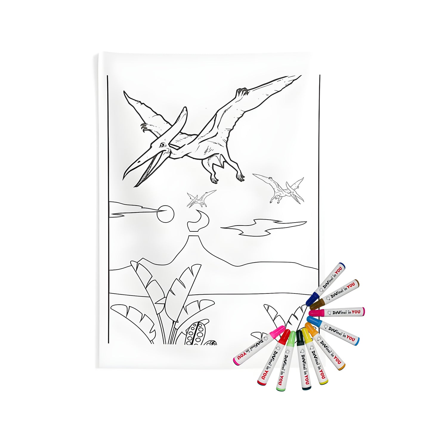 Indoor wall tapestry featuring a prehistoric landscape with pterosaurs flying overhead