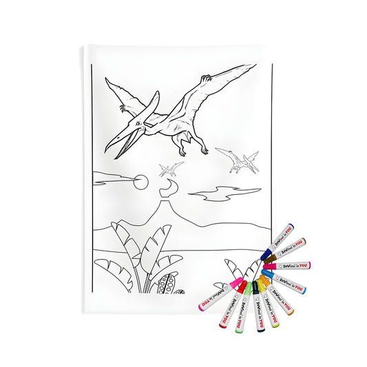 Indoor wall tapestry featuring a prehistoric landscape with pterosaurs flying overhead