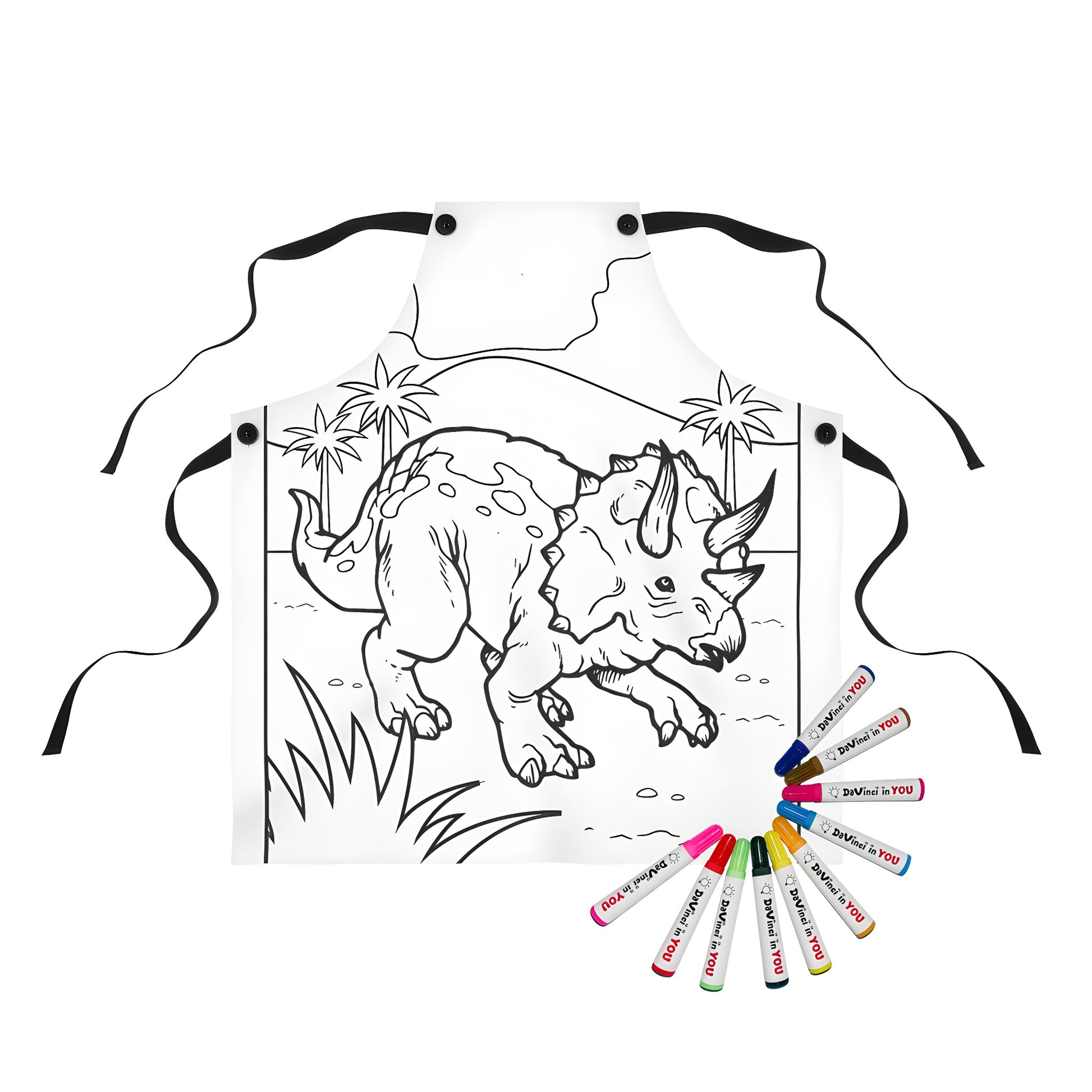 Coloring apron featuring a triceratops dinosaur illustration, prehistoric landscape with palm trees and mountains, perfect for kids and adults to color