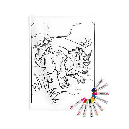 A triceratops dinosaur indoor wall tapestry for coloring, featuring a prehistoric landscape with palm trees and mountains, perfect for a fun art project or home decor
