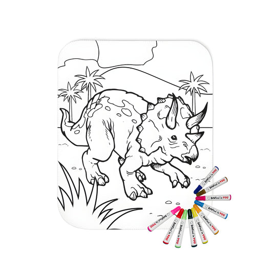 Coloring blanket with triceratops dinosaur design featuring prehistoric landscape, palm trees and mountains. Perfect for kids and adults alike.