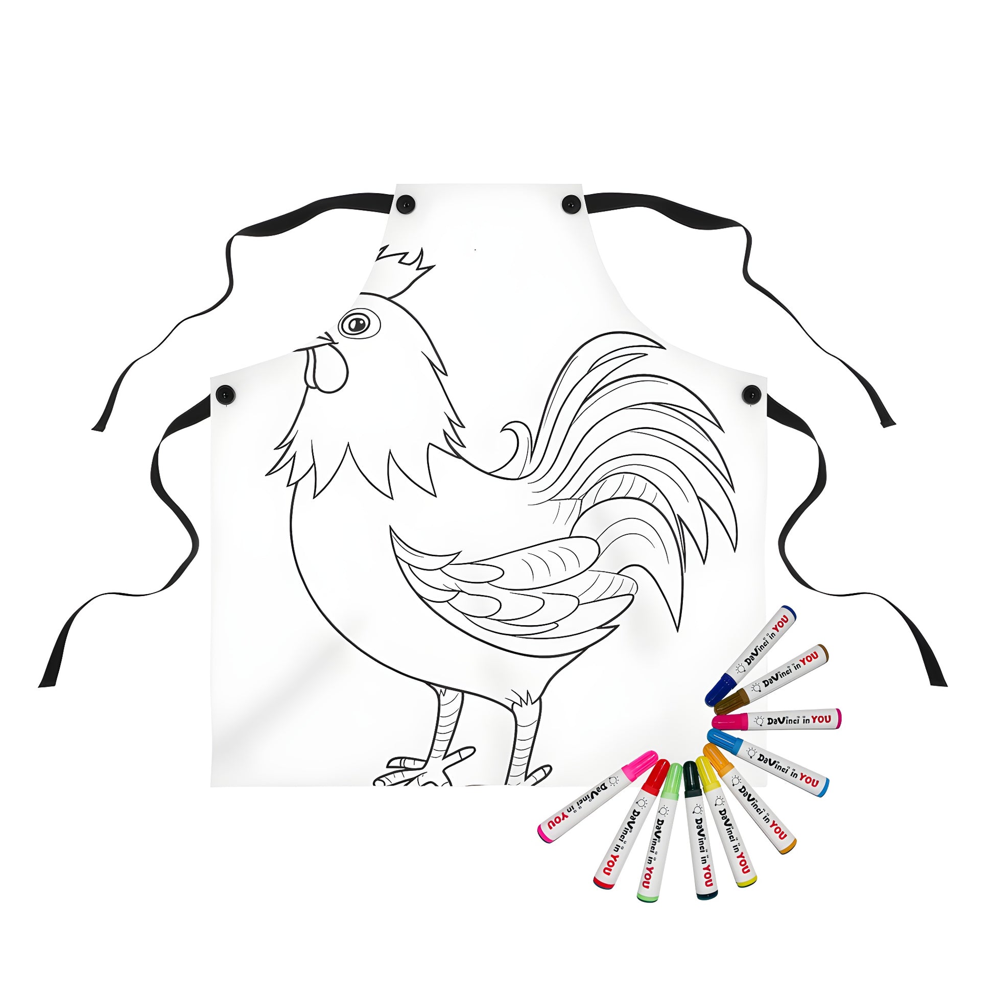 Apron with colorful rooster design, perfect for kids' art and coloring projects, featuring a detailed illustration of a cockerel's feathers and comb