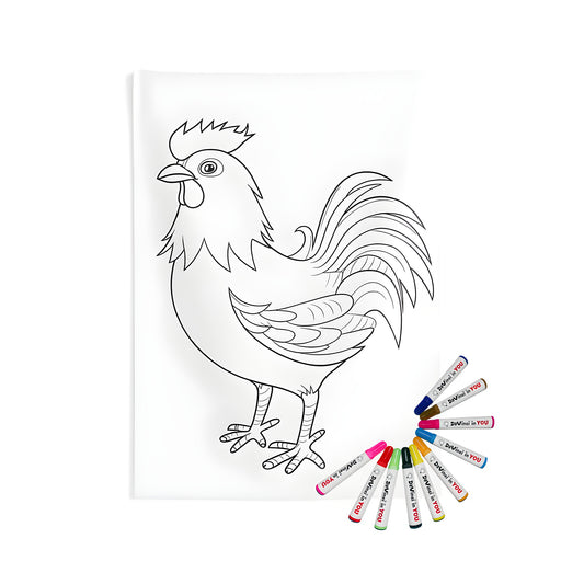 Decorative Indoor Wall Tapestry featuring a detailed illustration of a rooster, perfect for home decor and coloring enthusiasts