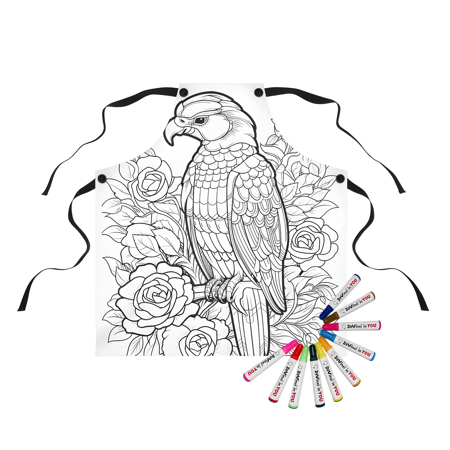 Colorful apron featuring intricate drawing of eagle surrounded by roses, perfect for adult coloring activity