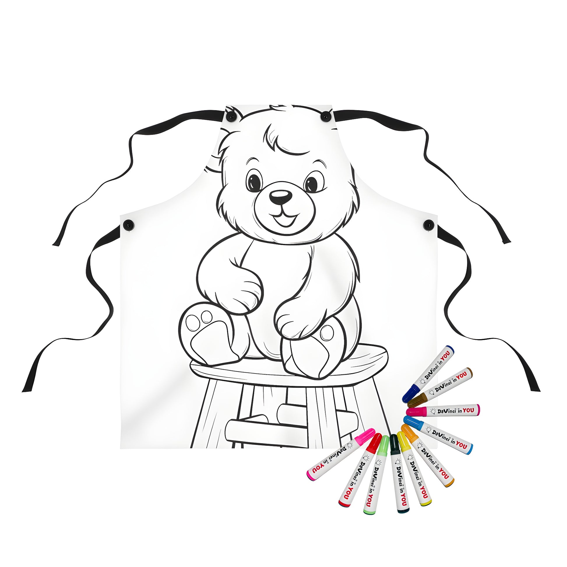 Adorable cartoon bear apron for kids and adults, featuring a joyful coloring page design