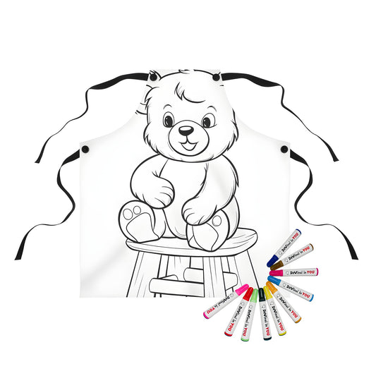 Adorable cartoon bear apron for kids and adults, featuring a joyful coloring page design