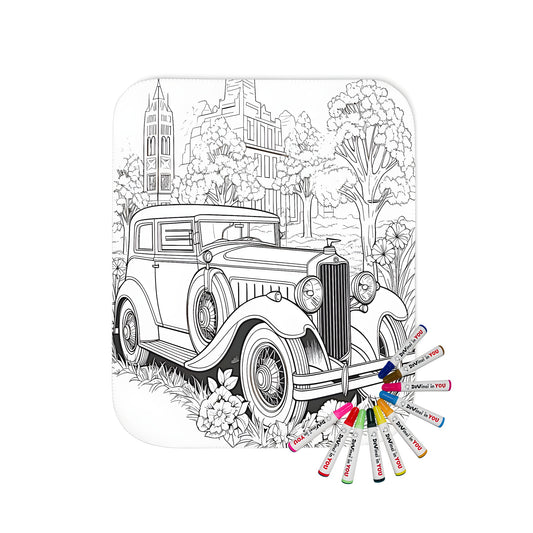 Vintage automobile blanket design, detailed illustration of a classic car in urban setting