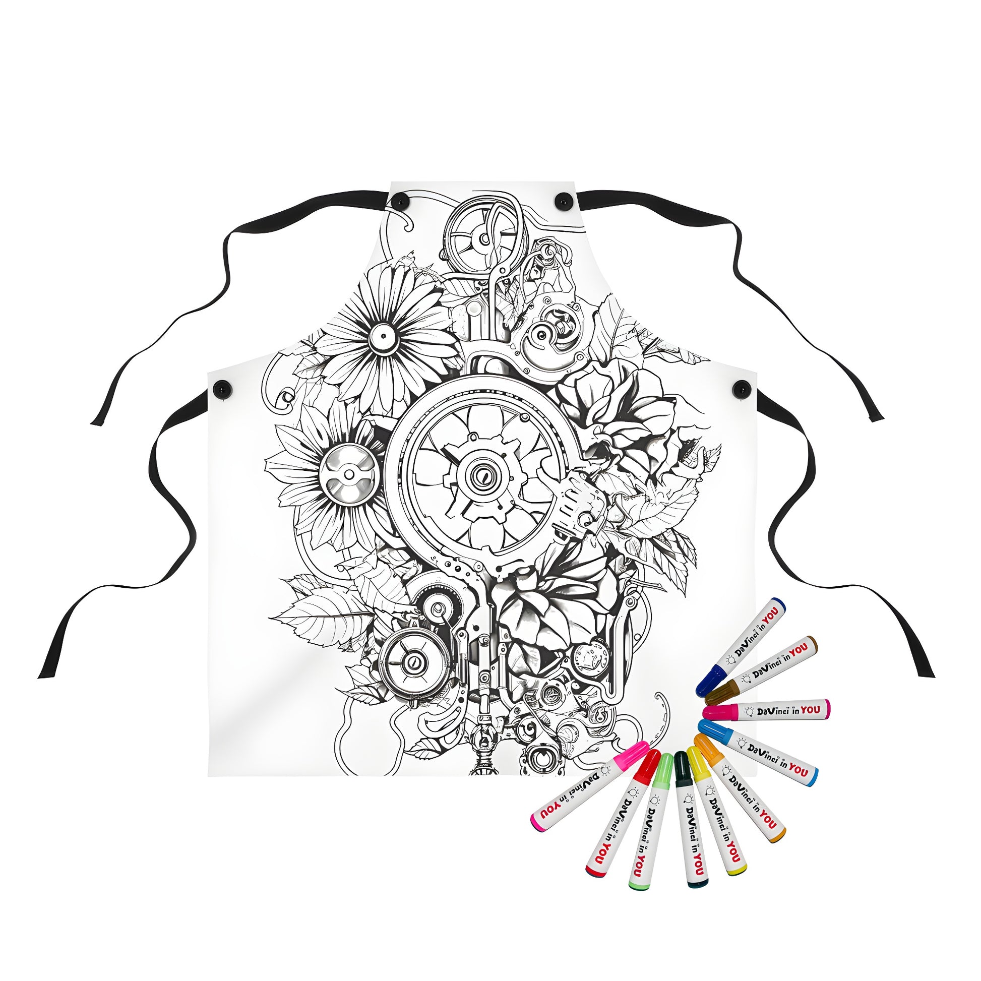 Apron with detailed black-and-white illustration combining gears and flowers for coloring