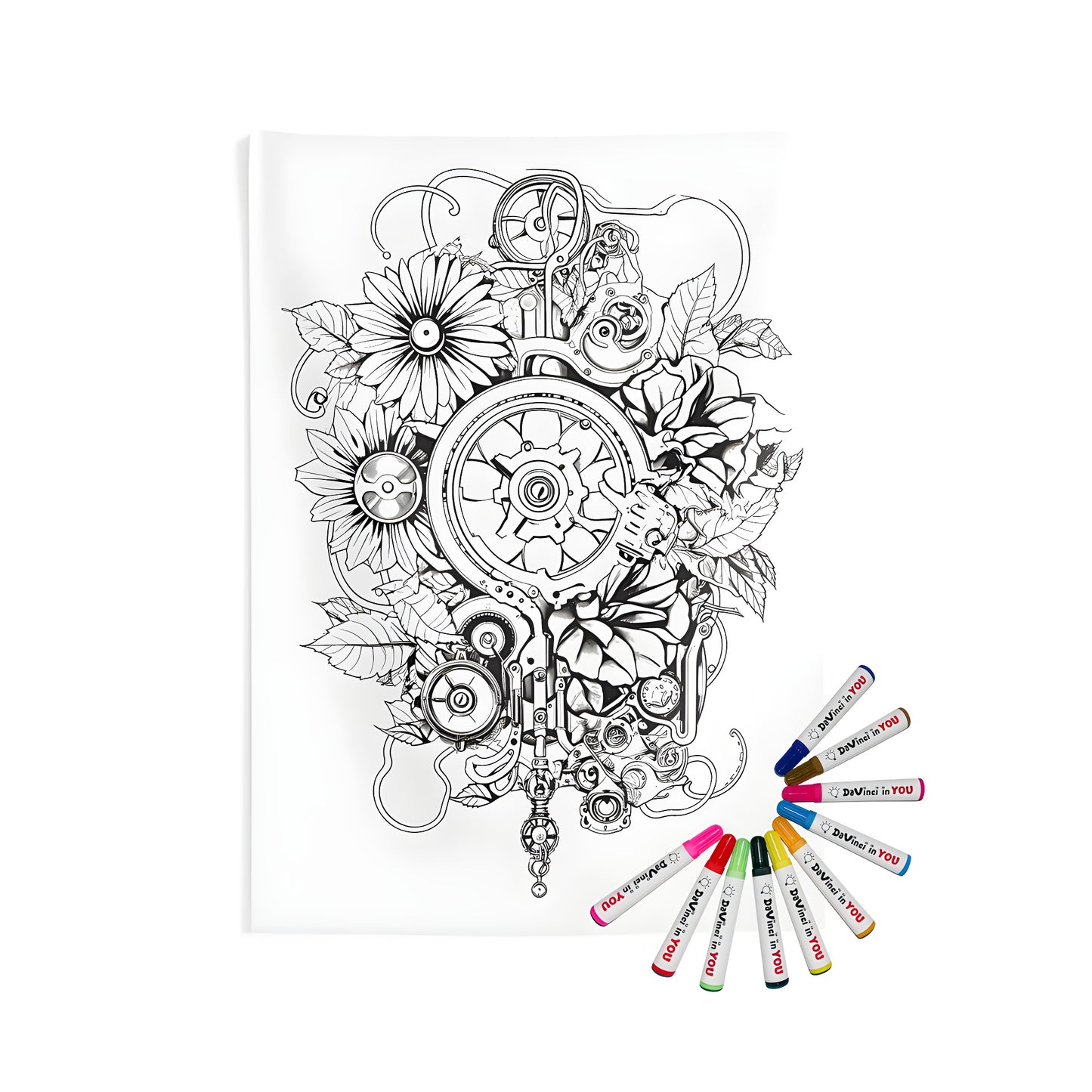 Indoor Wall Tapestry featuring a detailed black-and-white illustration combining gears and flowers, showcasing a blend of mechanical elements and natural beauty