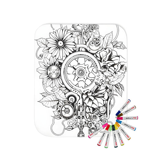 Blanket with a detailed black-and-white illustration combining gears, cogs, and flowers, representing industrial elegance and organic charm