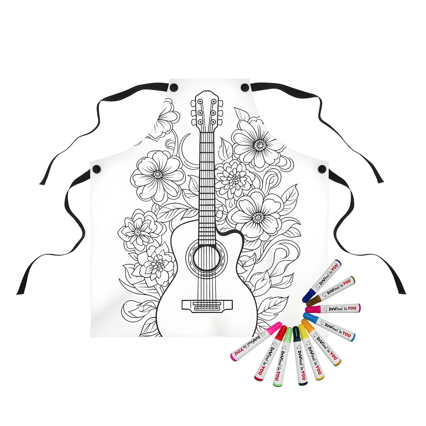 Colorful apron featuring a detailed guitar design with floral patterns