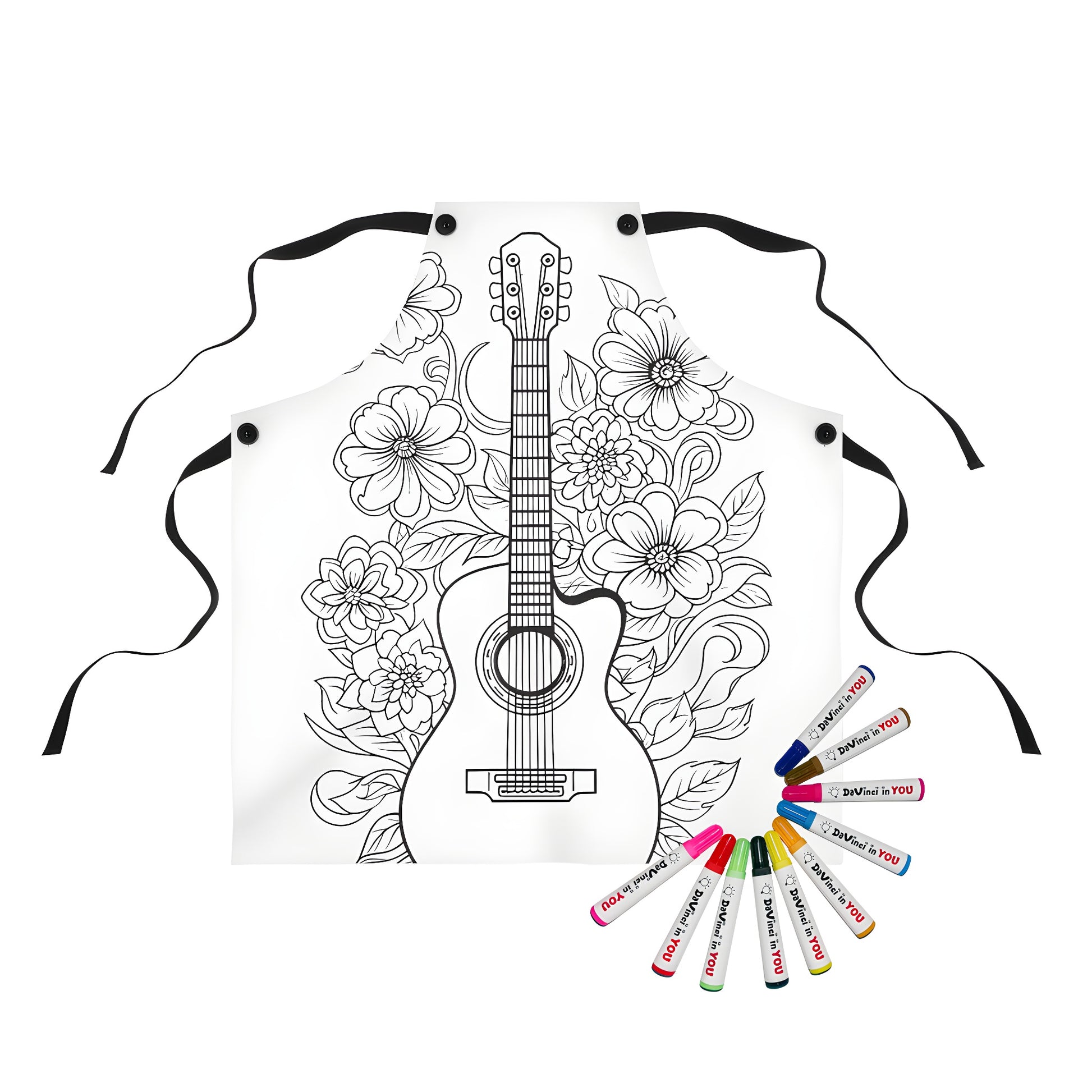 Colorful apron featuring a detailed guitar design with floral patterns