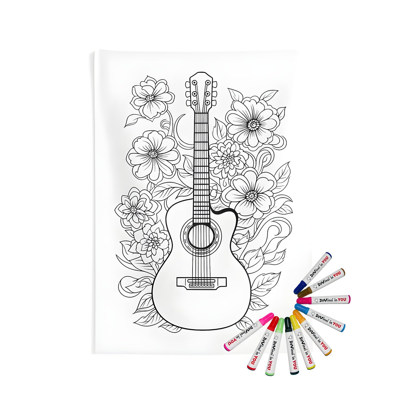 Vibrant indoor wall tapestries featuring an acoustic guitar design with intricate flowers and leaves