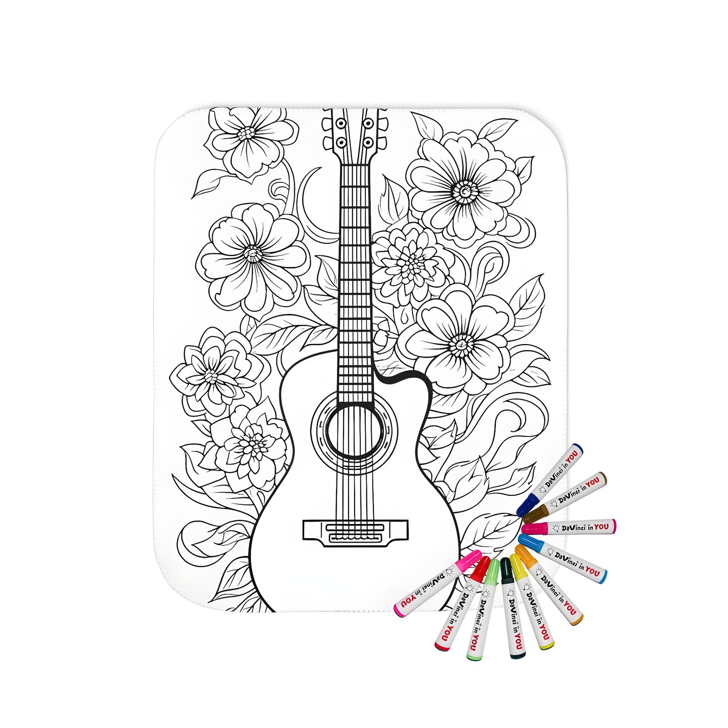 Cozy blanket featuring a vibrant coloring page design of an acoustic mandolin ukulele guitar interwoven with large flowers and swirling leaves