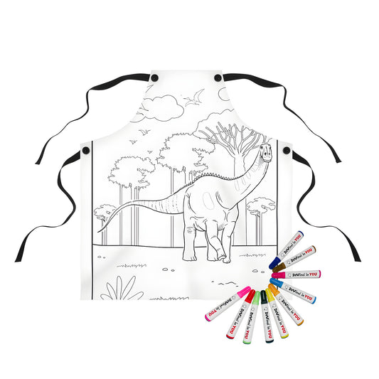 Coloring apron featuring prehistoric dinosaur scene with forest and flying creatures