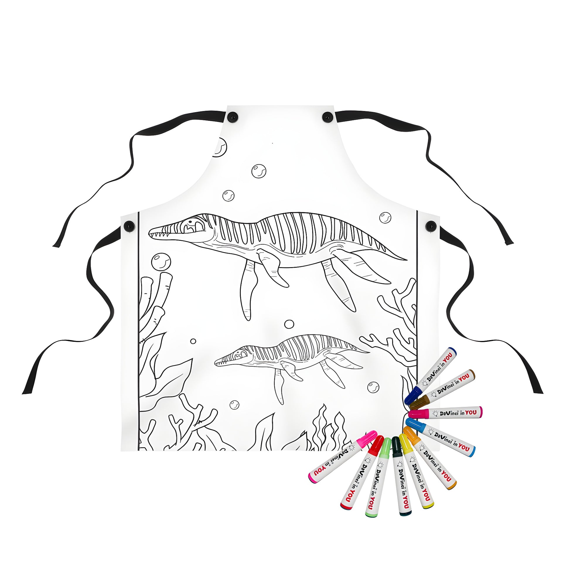 Apron featuring a vibrant marine dinosaur coloring kit design with underwater plants and bubbles