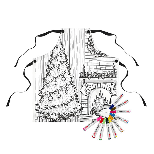 Aprons with festive room coloring designs, featuring decorated X-mas trees & gift boxes near lit fireplace