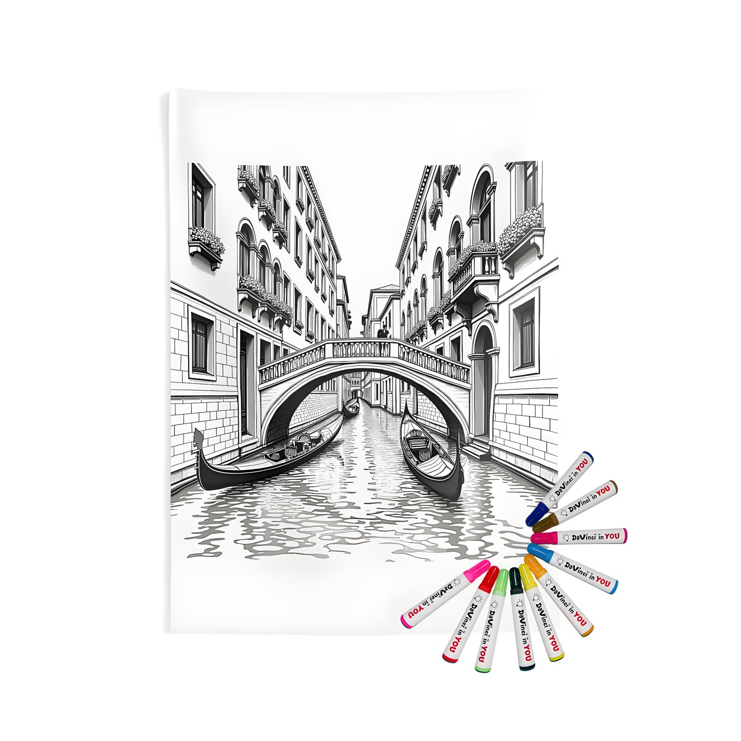 Indoor wall tapestry with detailed black and white illustration of gondolas, arched bridge, and buildings in a serene canal scene
