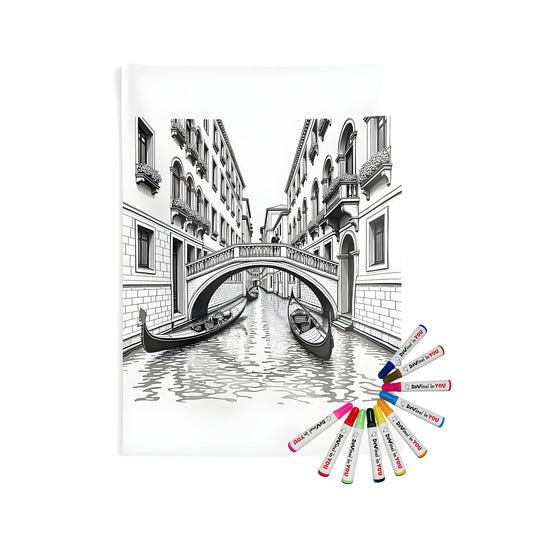 Indoor wall tapestry with detailed black and white illustration of gondolas, arched bridge, and buildings in a serene canal scene