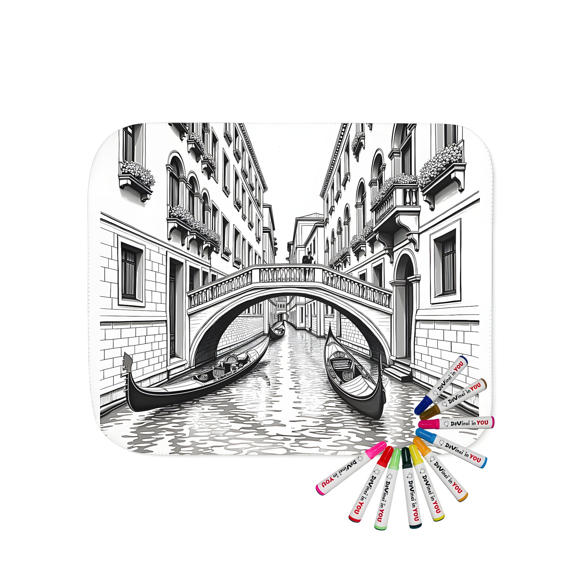 Colorful blanket featuring a vibrant Venetian canal scene with gondolas, arched bridge, and buildings. Beautiful watercolor-style illustration on soft fabric.
