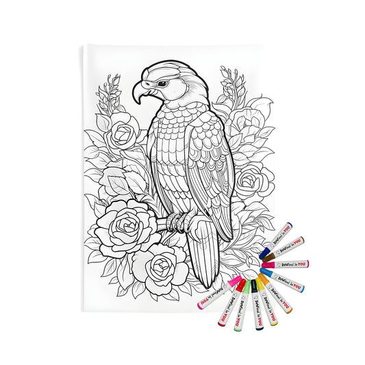 Indoor wall tapestry featuring intricate line drawing of an eagle amidst beautiful roses, perfect for adult coloring activity