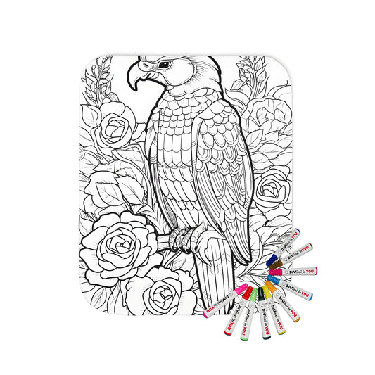 Blanket featuring intricate line drawing of bird surrounded by detailed floral patterns, perfect for adult coloring and relaxation.