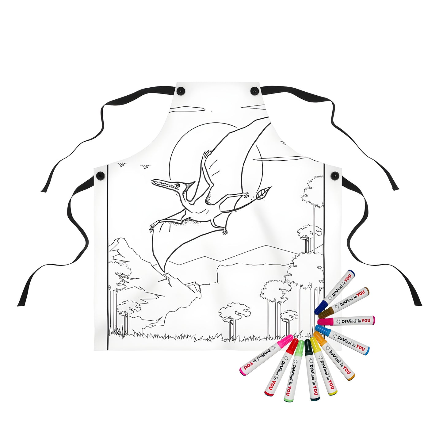 Aprons with prehistoric pterodactyl dinosaurs designs, featuring a flying fossil creature above mountains and trees under the full moon