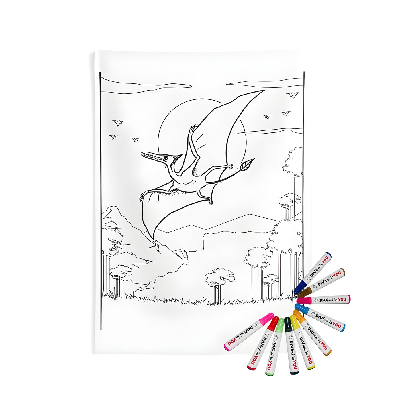 Indoor wall tapestries featuring a colorful pteranodon or flying reptile soaring above a prehistoric landscape with mountains and tall trees under a full moon