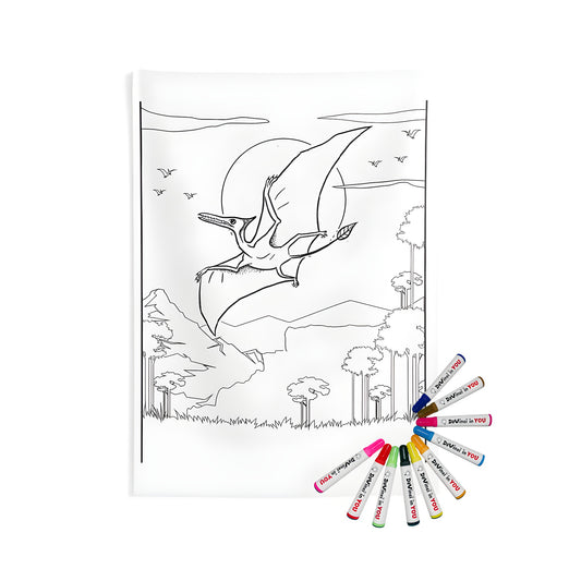 Indoor wall tapestries featuring a colorful pteranodon or flying reptile soaring above a prehistoric landscape with mountains and tall trees under a full moon