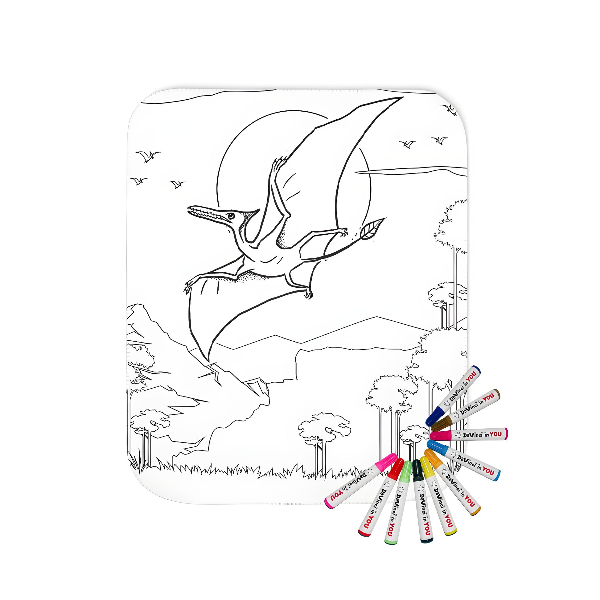 A soft and cozy blanket featuring a vibrant pterodactyl design soaring above a prehistoric landscape with mountains, trees, and a full moon.