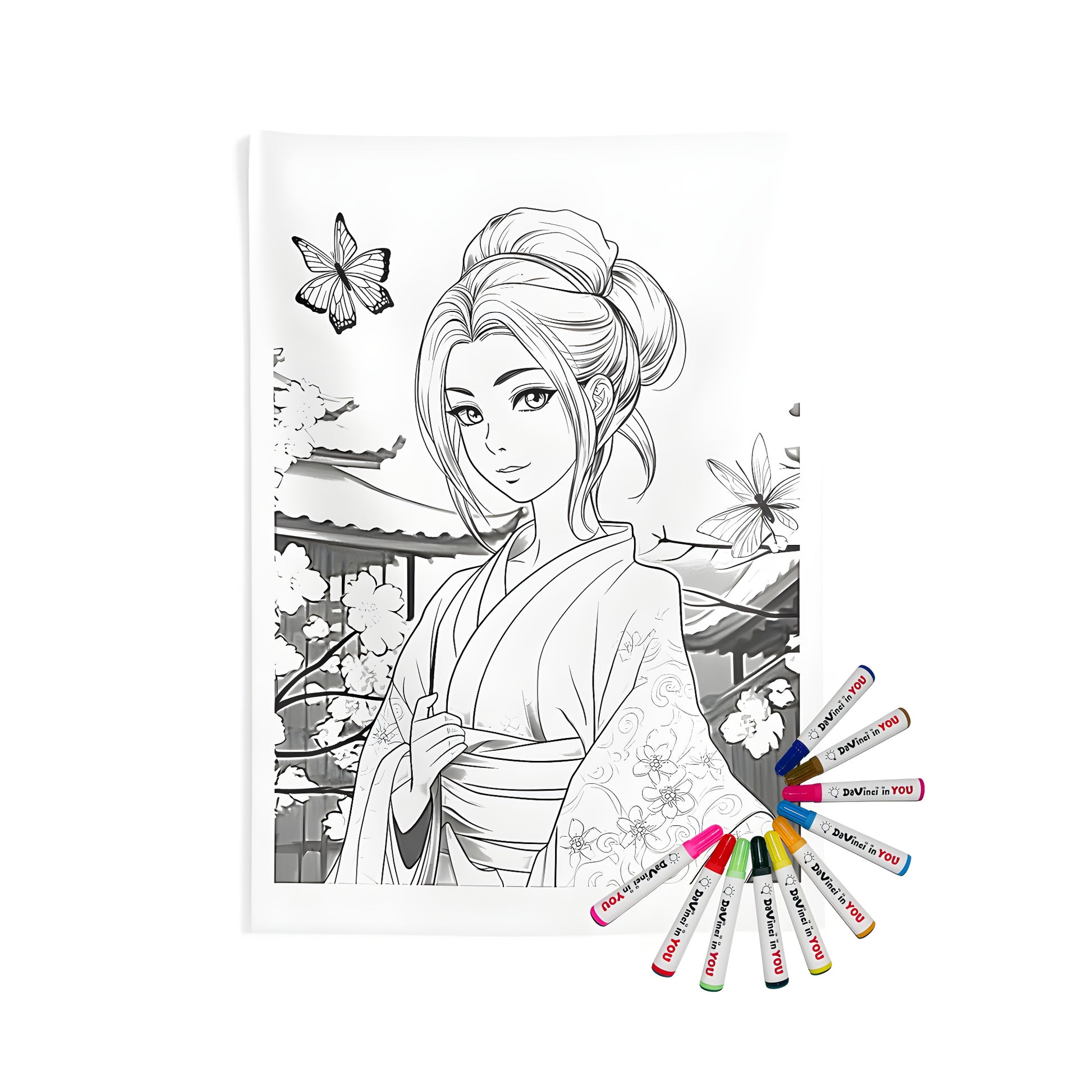 Indoor wall tapestry featuring a serene anime-style woman wearing a kimono surrounded by cherry blossoms and butterflies, symbolizing Eastern elegance and serenity