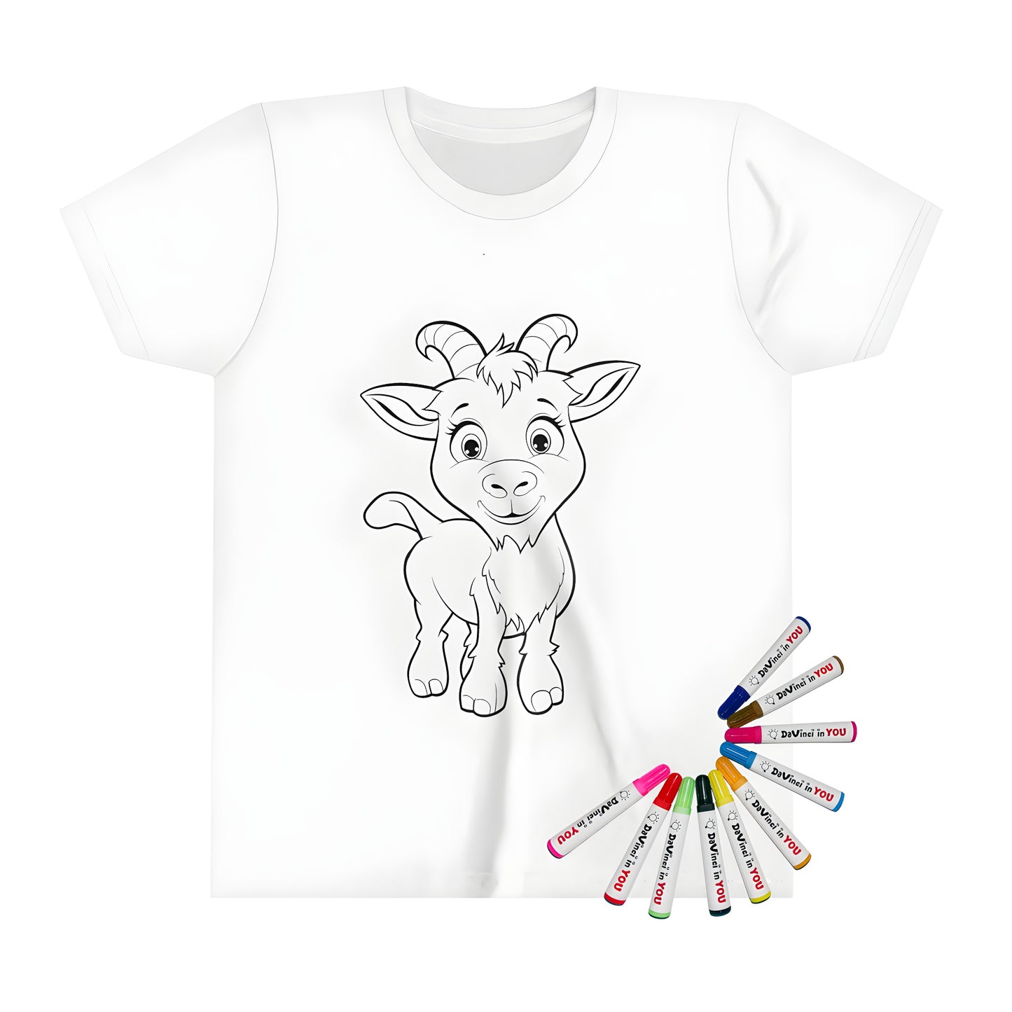 Coloring page kid's t-shirt featuring a cute baby goat illustration