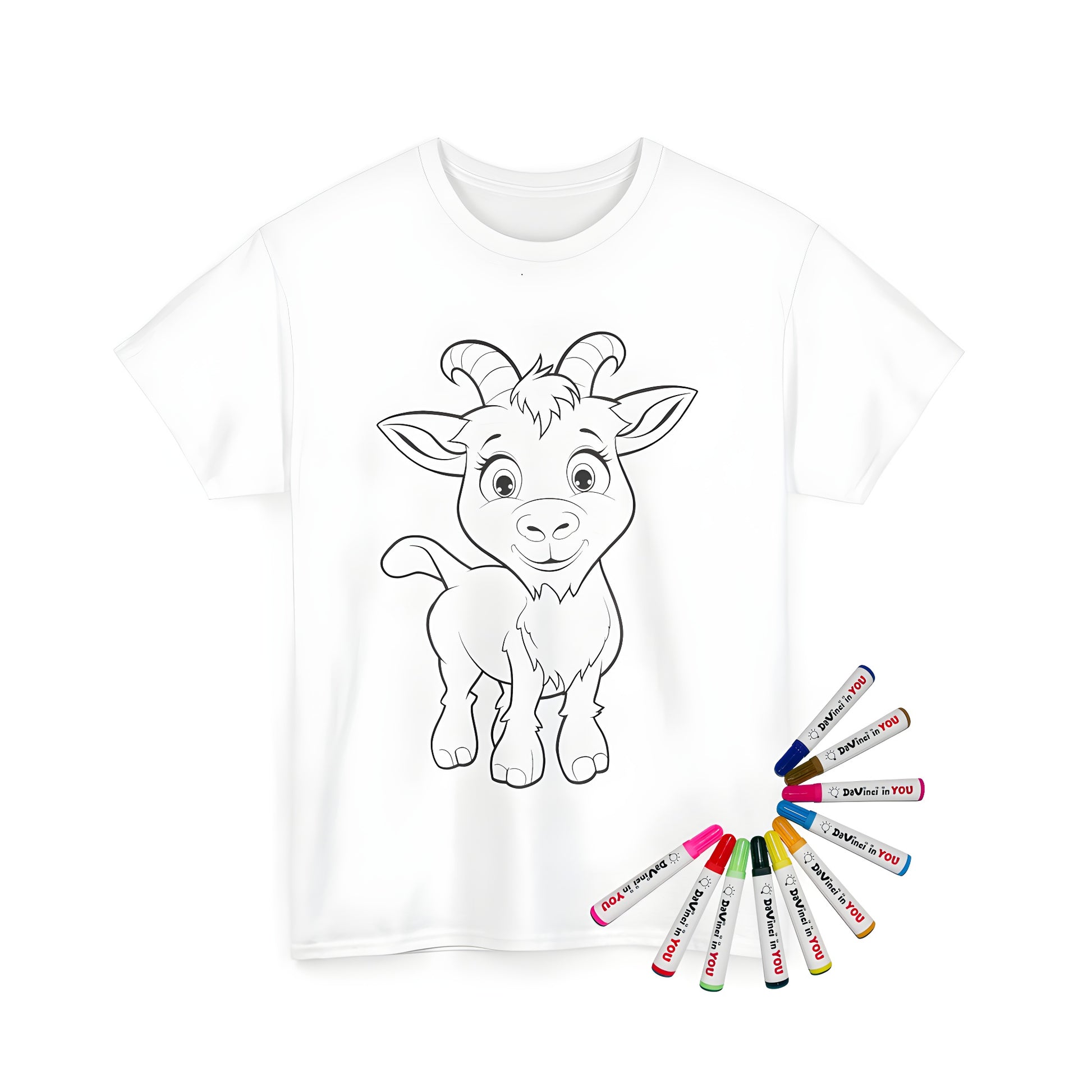 A charming line drawing of a baby goat design printed on a unisex t-shirt for kids or adults to color with fabric markers. Features expressive eyes and small horns.