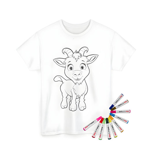 A charming line drawing of a baby goat design printed on a unisex t-shirt for kids or adults to color with fabric markers. Features expressive eyes and small horns.