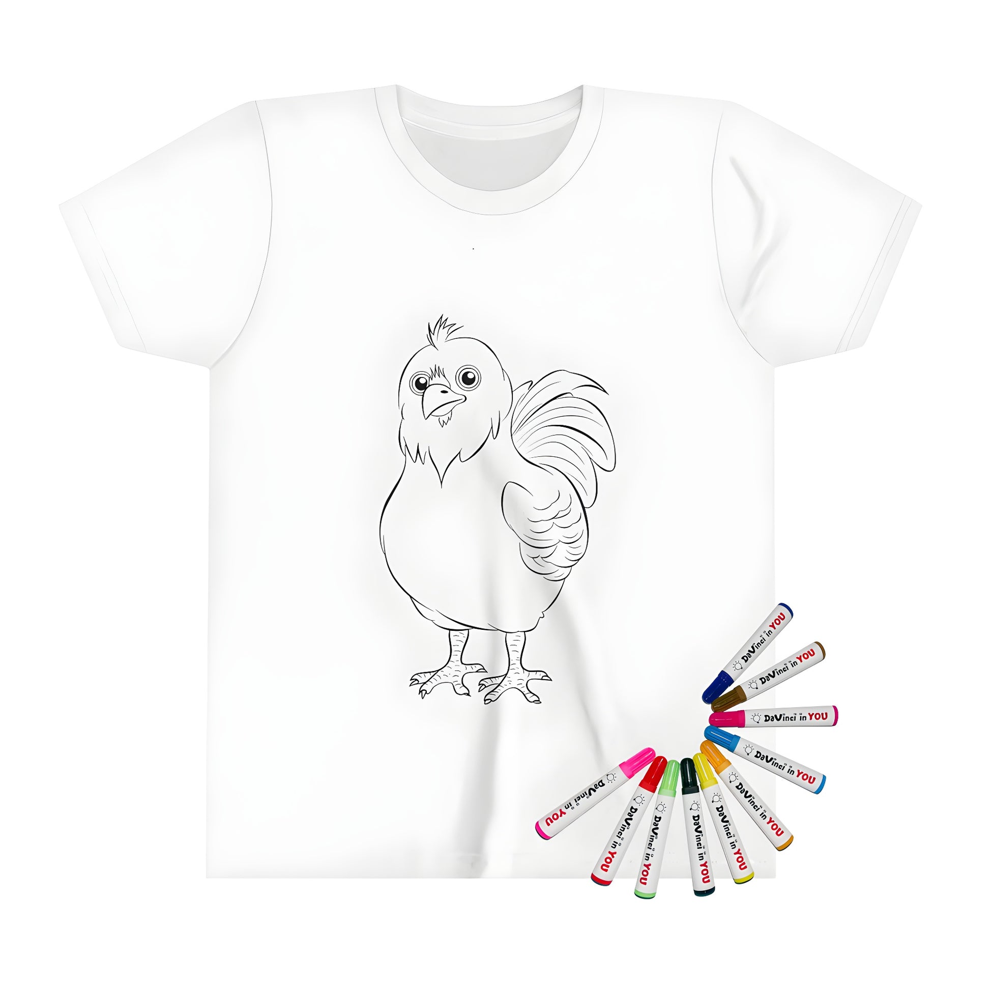 Kid's t-shirt with adorable cartoon chicken design from coloring page, perfect for little ones to wear and play