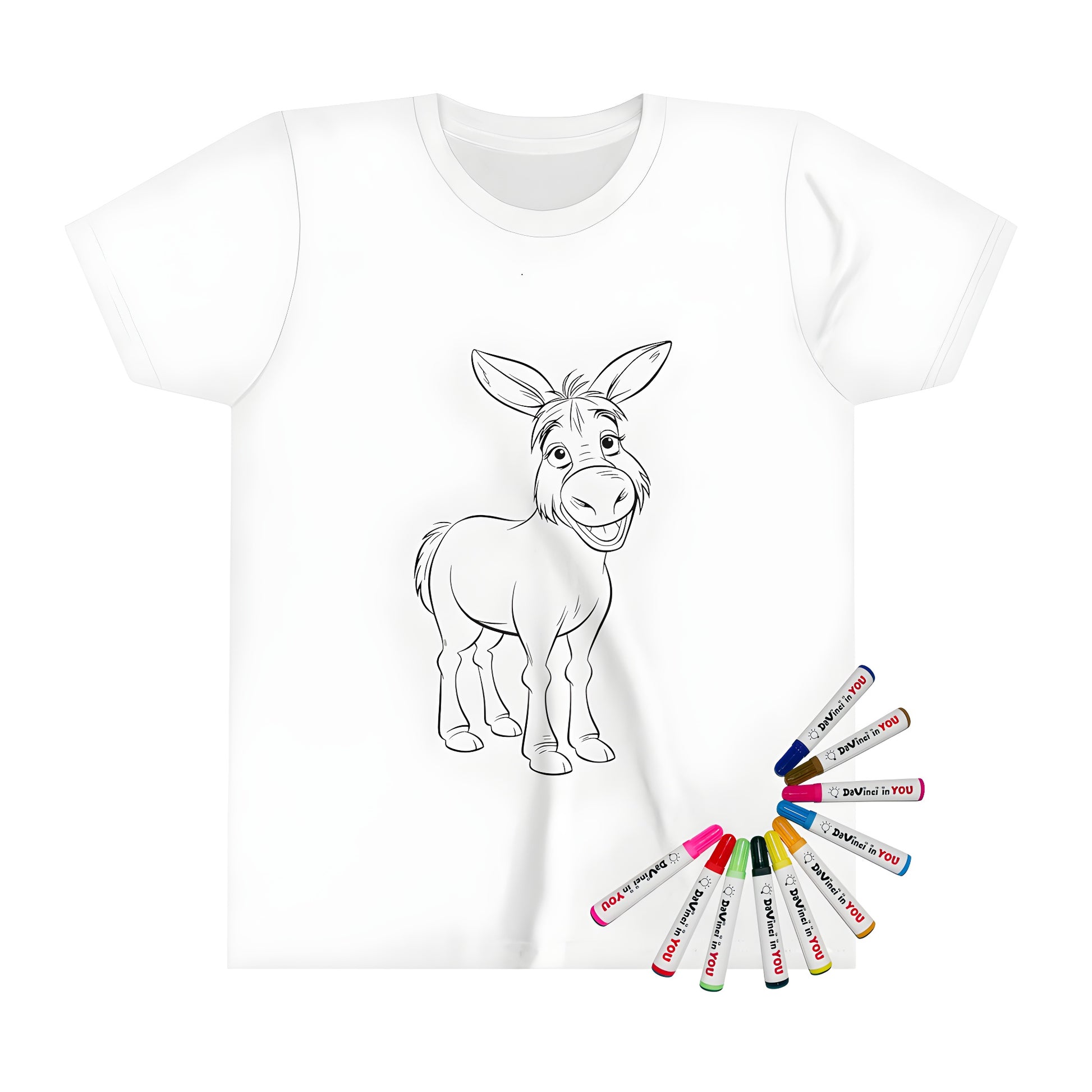 Cheerful cartoon donkey coloring page art on kids t-shirt